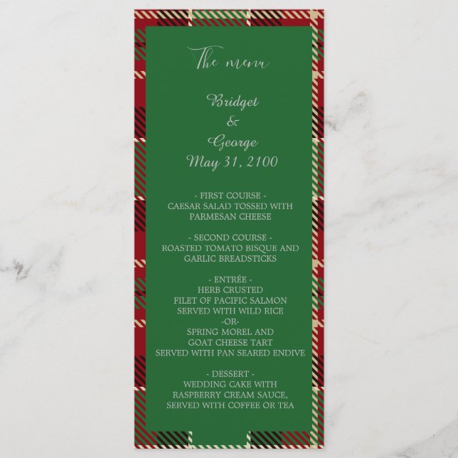 grünes, schottisches Hochzeitsmenü und Programm (Vorderseite)