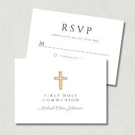 Grünes Schrift Religiöses Kreuz Junge Erste Kommun RSVP Karte