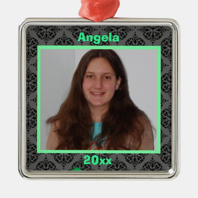 Grünes Schwarz und graues Damast Keepake-Ornament Silbernes Ornament (Vorne)