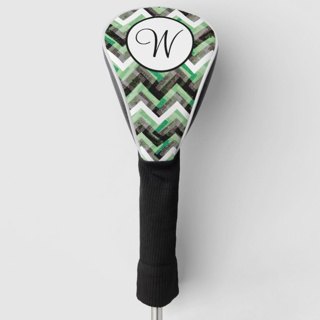 Grünes Schwarz-weißes Zickzack texturiertes Monogr Golf Headcover (Vorderseite)