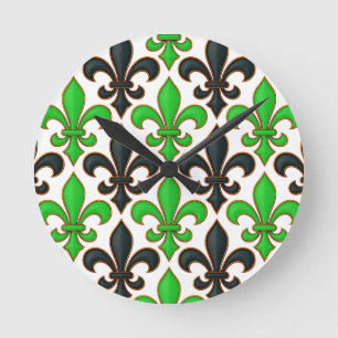 Grünes schwarzes Barock-Fleur-de-lis-Musterdesign Runde Wanduhr