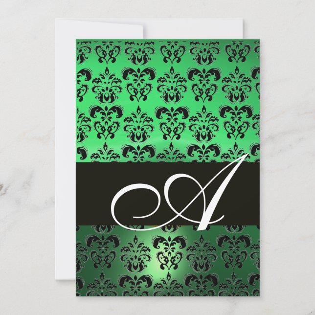 GRÜNES SCHWARZES DAMASK-MONOGRAMM, hell weiß Einladung (Vorderseite)
