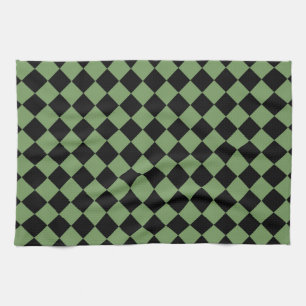 Grünes schwarzes Schachbrett-Diamantmuster Geschirrtuch