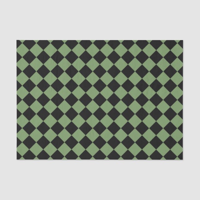 Grünes schwarzes Schachbrett-Diamantmuster Seidenpapier (Vorderseite)