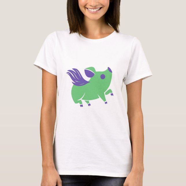 Grünes Schwein mit Lila Flügeln T-Shirt (Vorderseite)