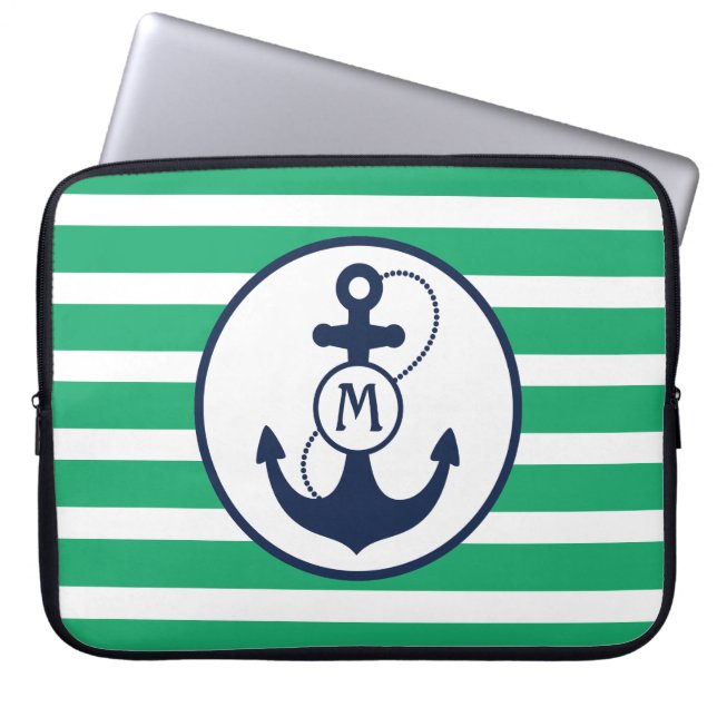 Grünes Seeanker-Monogramm Laptopschutzhülle (Vorderseite)