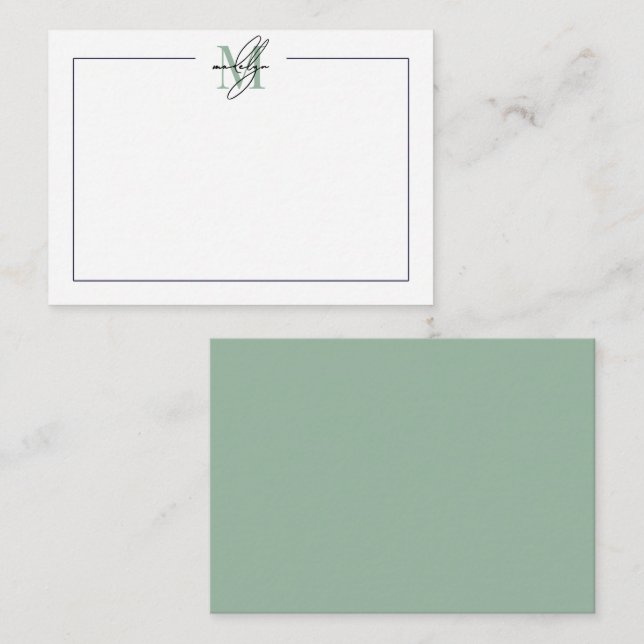 Grünes Skript Minimalistischer Name Monogramm Mitteilungskarte (Vorne/Hinten)