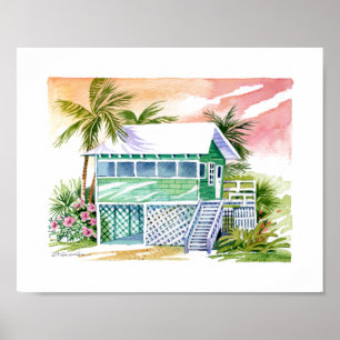 Grünes Strandhaus Tropische Insel Aquarell Poster