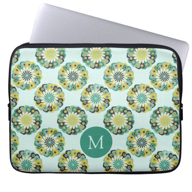 Grünes Teal modernes Blumenmuster Monogramm Laptopschutzhülle (Vorderseite)