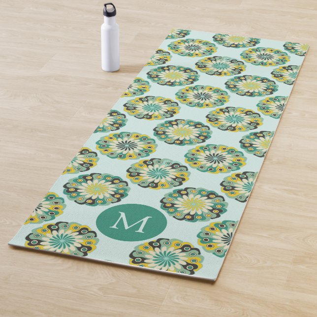 Grünes Teal modernes Blumenmuster Monogramm Yogamatte (Beispiel)