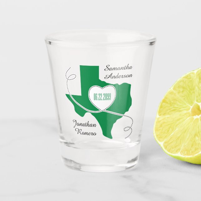 Grünes Texas Curling Ribbon Hochzeitdatum Schnapsglas (Vorderseite)