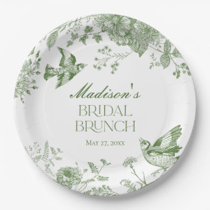 Grünes Toile De Jouy Vintage Florales Braut-Brunch Pappteller