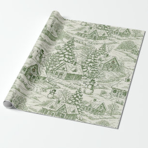 Grünes Toile-Vintage-Weihnachtsdorfmuster Geschenkpapier