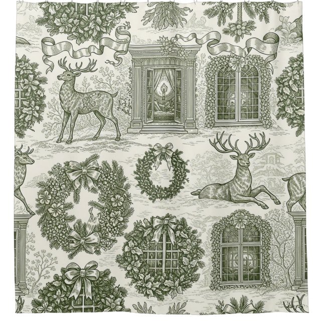 Grünes Toile-Waldhirsch-Weihnachtsmuster Duschvorhang (Vorderseite)