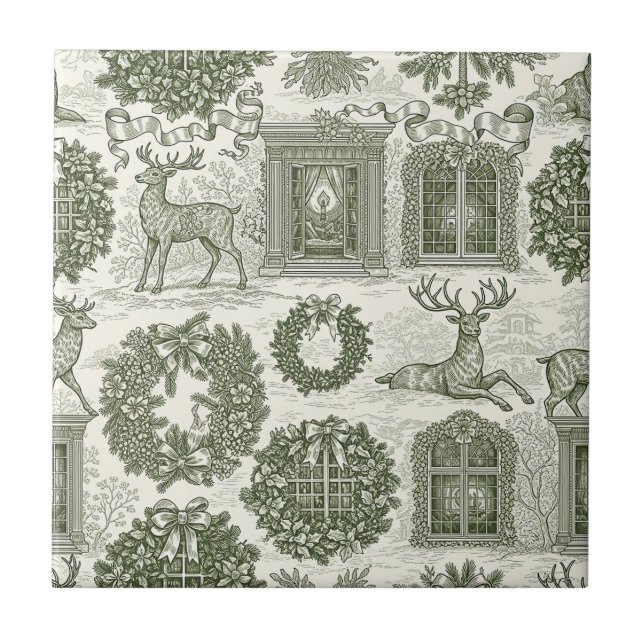 Grünes Toile-Waldhirsch-Weihnachtsmuster Fliese (Vorderseite)