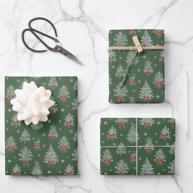 Grünes Toile-Weihnachtsbaum-Muster Geschenkpapier Set (Vorderseite)