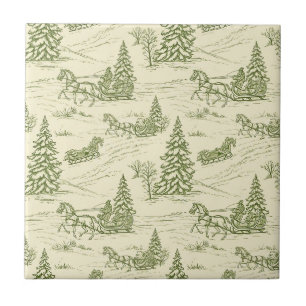 Grünes Toile-Weihnachtsschlitten-Fahrt-Muster Fliese