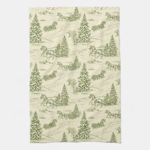 Grünes Toile-Weihnachtsschlitten-Fahrt-Muster Geschirrtuch