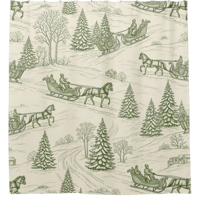 Grünes Toile-Weihnachtsschlittenfahrt-Muster (2) Duschvorhang (Vorderseite)