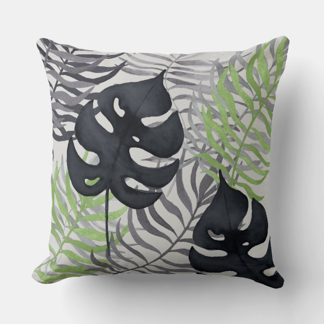 Grünes u. graues tropisches Blätterthrow-Kissen Kissen (Vorderseite)