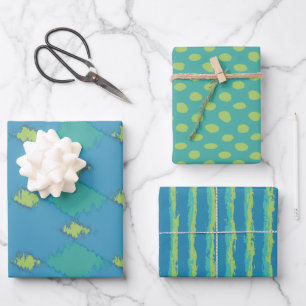 Grünes und Aquamarines Ikat-Muster Geschenkpapier Set