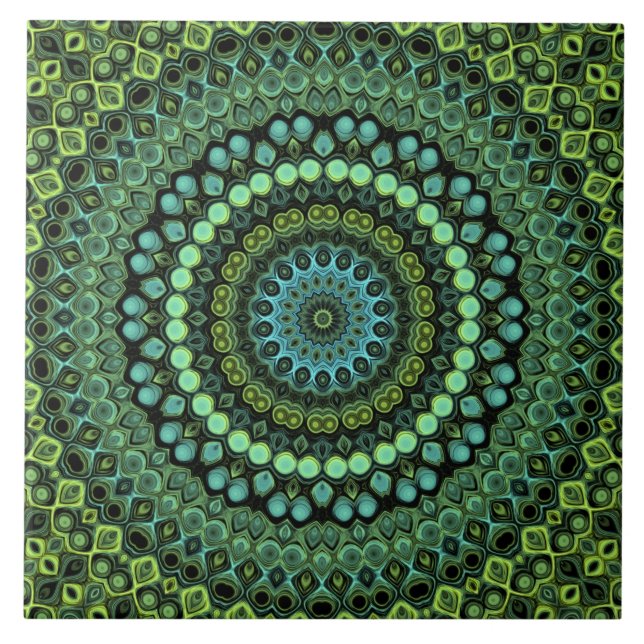 Grünes und Aquamarines Kaleidoskop Mandala Pattern Fliese (Vorderseite)