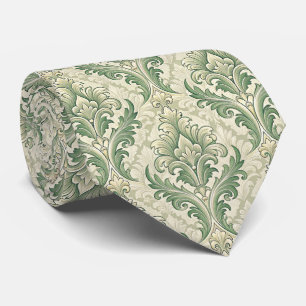 Grünes und Beiges Vintage Botanisches Blumenmuster Krawatte