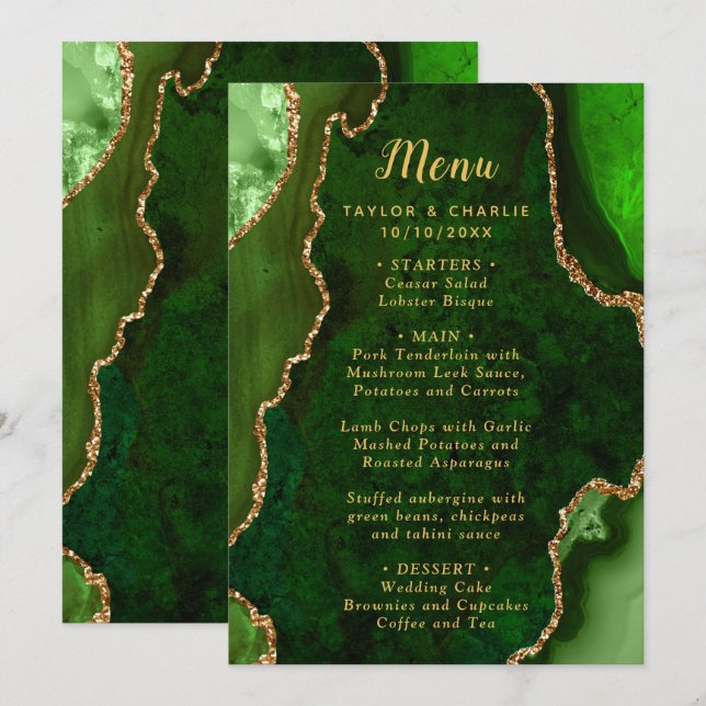 Grünes und Goldenes Achat Hochzeitsmenü Menükarte (Vorne/Hinten)