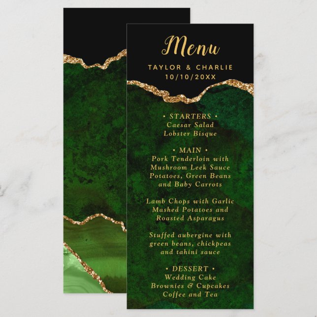 Grünes und Goldenes Achat Hochzeitsmenü Menükarte (Vorne/Hinten)