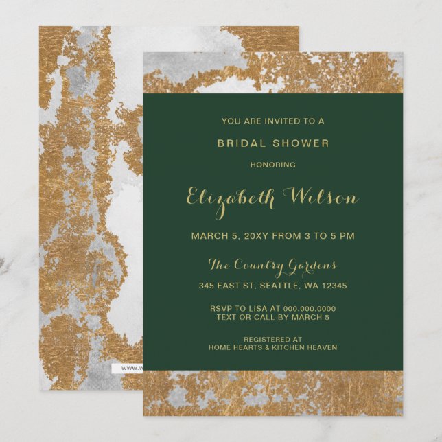 Grünes und goldenes Brautparty aus Marmor Einladung (Vorne/Hinten)