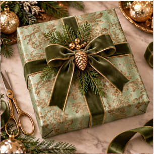 Grünes und goldenes Samt-Damaskus-Festtags- Geschenkpapier