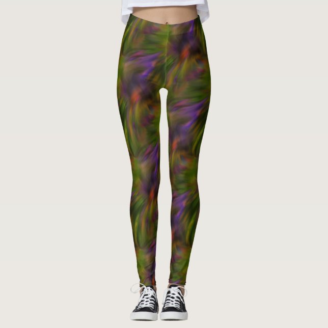 Grünes und Lila Abstraktes Kunstmuster Leggings (Vorderseite)