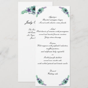 Grünes und lila Wasserfarben-Blumen-Hochzeitsmenü Einladung