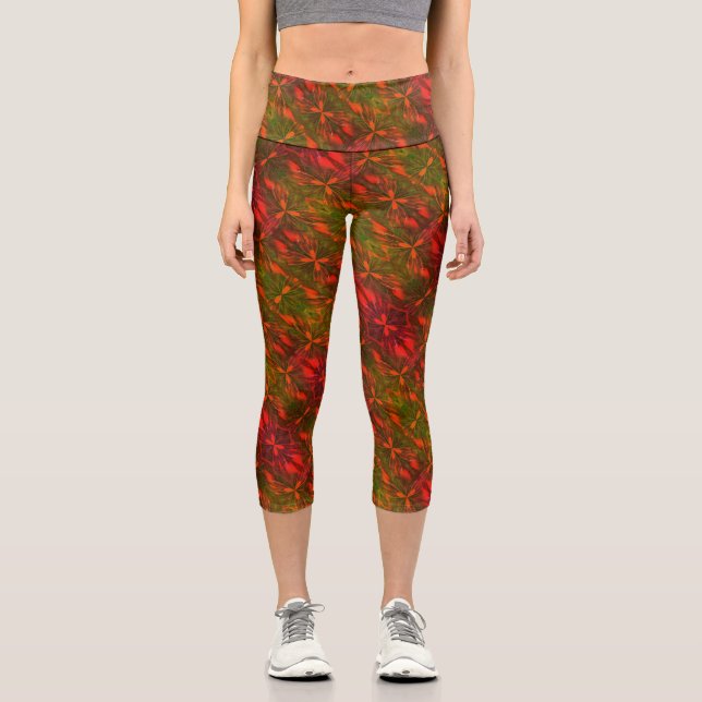 Grünes und orangefarbenes abstraktes Design Capri Leggings (Vorderseite)
