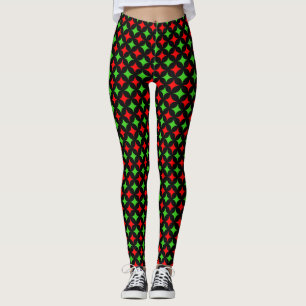 Grünes und rotes Diamantsternmuster auf Schwarz Leggings