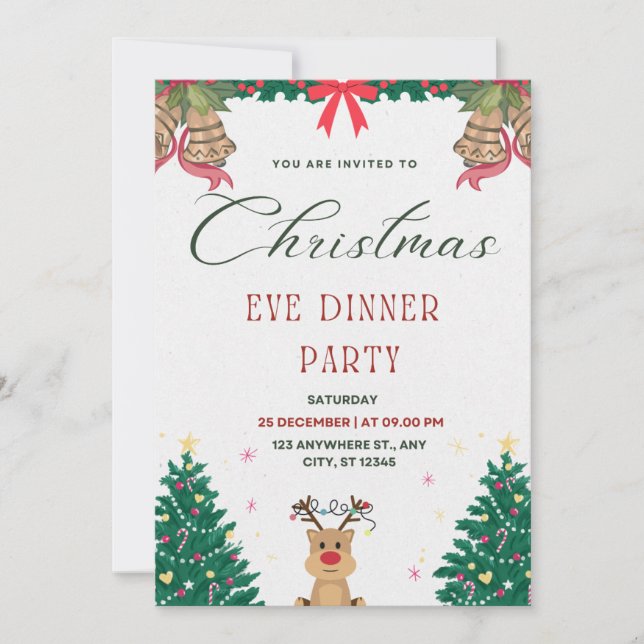 Grünes und rotes einfaches Weihnachtsabend-Party Einladung (Vorderseite)