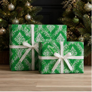 Grünes und weißes viktorianisches Damast-Weihnacht Geschenkpapier
