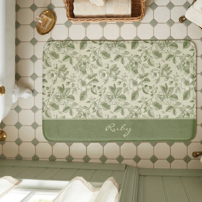 Grünes Vintage-Blumen-Toile-Muster Badematte (Von Creator hochgeladen)