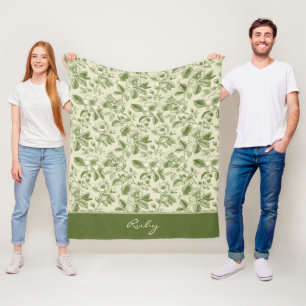 Grünes Vintage-Blumen-Toile-Muster Fleecedecke
