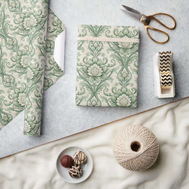 Grünes Vintage-Blumenmuster Geschenkpapier (Kunsthandwerk)