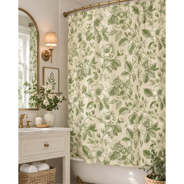Grünes Vintage-Botanik-Toile-Muster Duschvorhang (Von Creator hochgeladen)