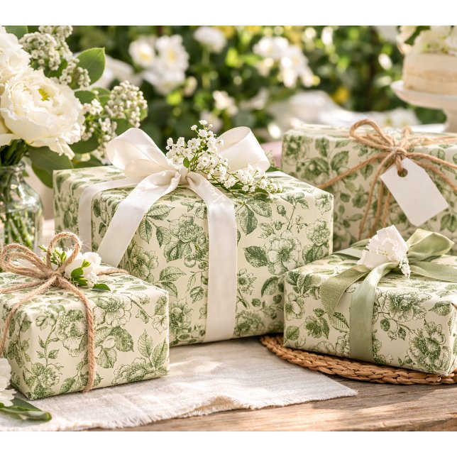Grünes Vintage-Botanik-Toile-Muster Geschenkpapier (Von Creator hochgeladen)