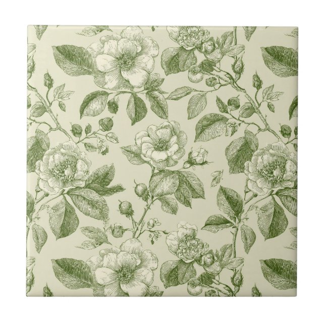 Grünes vintage botanisches Toile-Muster Fliese (Vorderseite)