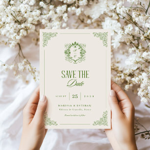 Grünes Vintage Crest Monogramm Formelles Luxus Hoc Save The Date