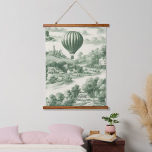 Grünes Vintage-Heißluftballon-Toile-Muster Wandteppich Mit Holzrahmen