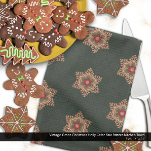 Grünes Vintage-Weihnachts-Stechpalmen-Celtic-Stern Geschirrtuch