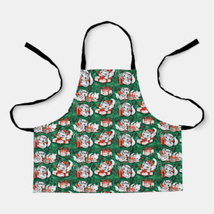 Grünes Vintage-Weihnachtsmuster mit Kätzchen aus d Schürze