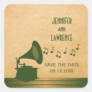 Grünes Vintages Gramophon Save the Date Stickers