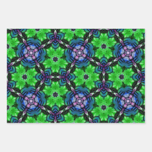 Grünes & violettes Kaleidoskop-Fraktalmuster Wrapp Geschenkpapier Set