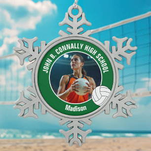 Grünes Volleyballspieler-Foto High School Schneeflocken Zinn-Ornament